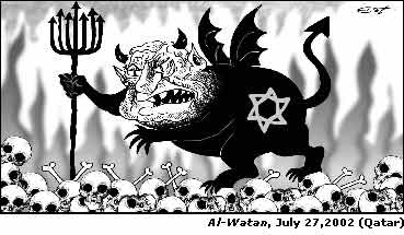 A Jewish devil - possibly Ariel Sharon - walks over the skulls of its victims